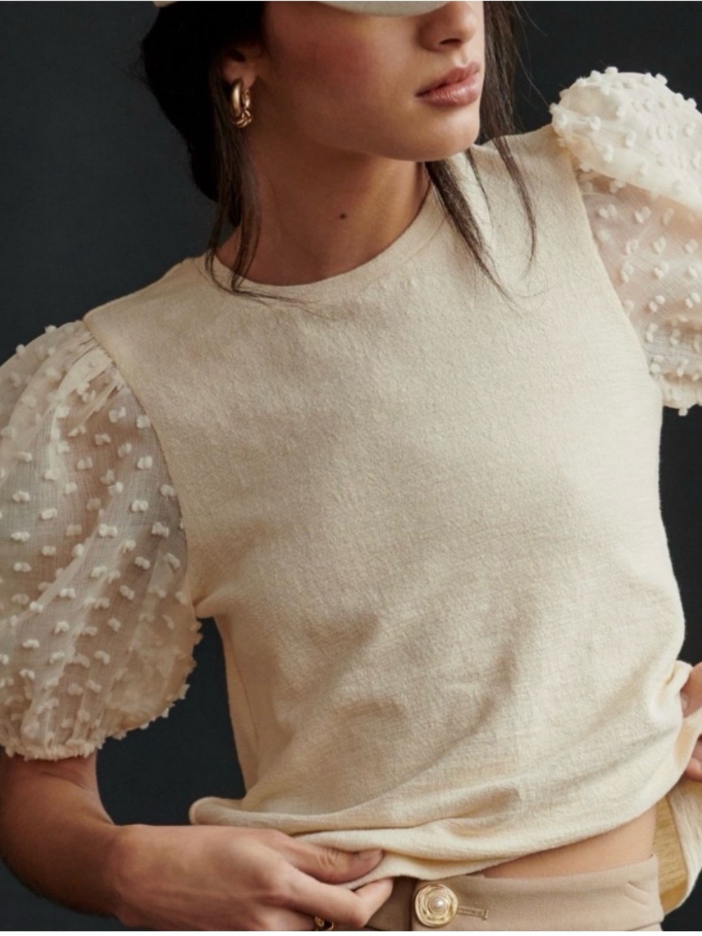 Maeve by Anthropologie Cream Puff-Sleeve Knit Top